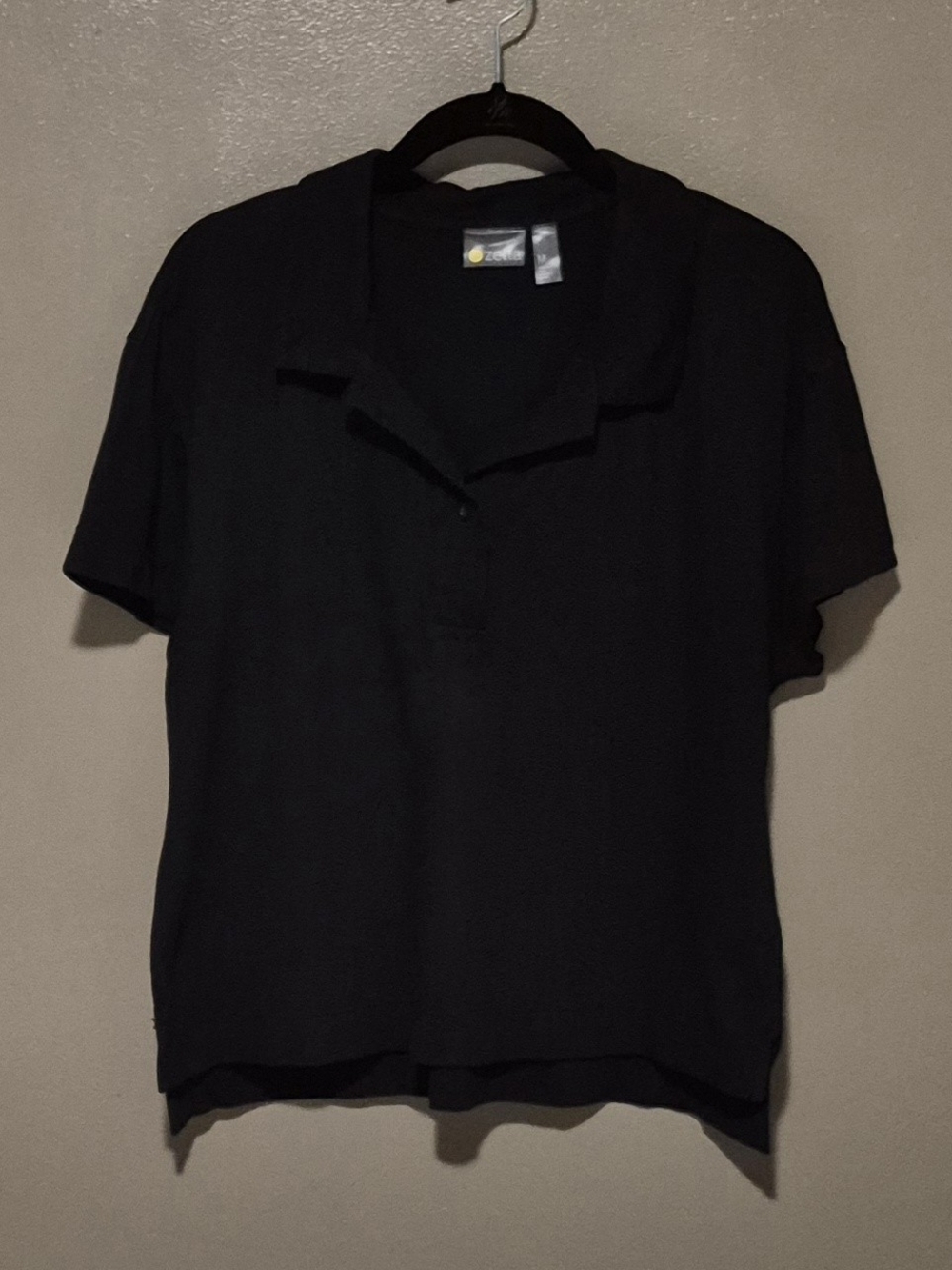 Zella Women's Black Short Sleeve Hi-Lo Collared Polo Shirt, Cotton Blend, M